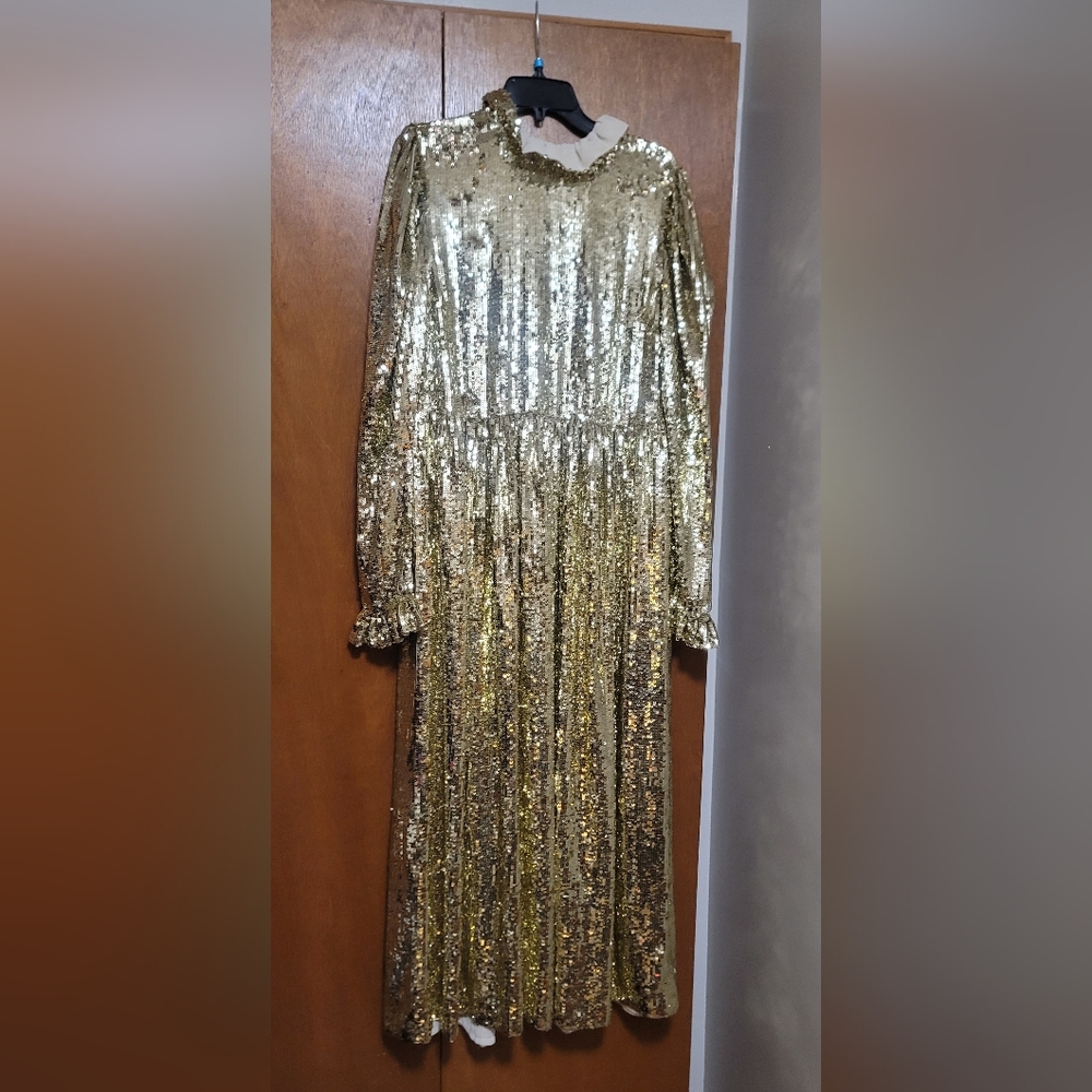 MSGM Gold Sequin Long Sleeve Maxi Dress